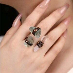Vintage Exaggerated Natural Fluorite Stone Rough Adjustable Triple Stone Ring